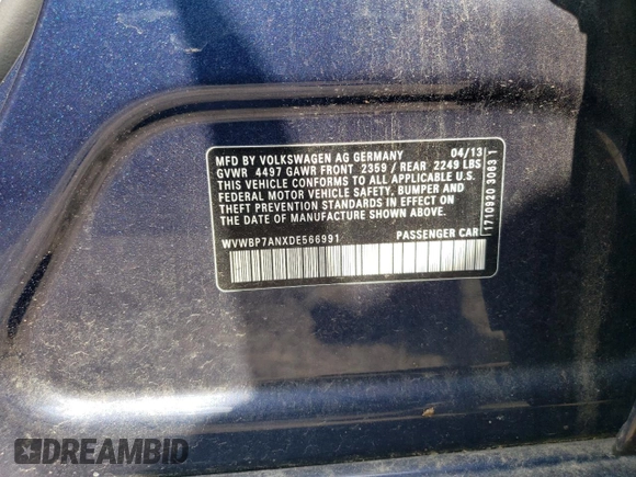 2013 Volkswagen CC R-Line with VIN WVWBP7ANXDE566991, listed as a Copart auction lot 63487954 with 127,819 mi miles and Clean Title. Bid and sale history available at carsss.com. Image 12.