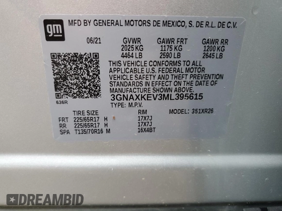 2021 Chevrolet Equinox LT with VIN 3GNAXKEV3ML395615, listed as a Copart auction lot 53641215 with 37,167 mi miles and Salvage title. Bid and sale history available at DreamBid. Image 14.