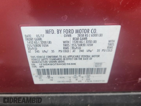 2017 Ford Explorer Sport z VIN 1FM5K8GT6HGD16306, wystawiony jako Copart lot #62382925 z przebiegiem 134 199 mil mil oraz Szkoda całkowita • Salvage title. Historia ofert i sprzedaży dostępna na DreamBid. Obrazek 13.