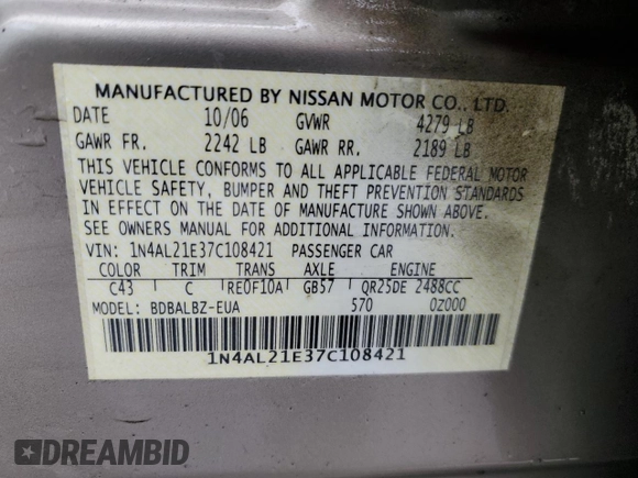 2007 Nissan Altima 2.5 with VIN 1N4AL21E37C108421, listed as a Copart auction lot 51650025 with 179,083 mi miles and Salvage Title. Bid and sale history available at carsss.com. Image 13.