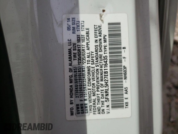 2014 Honda Odyssey LX with VIN 5FNRL5H27EB116435, listed as a Copart auction lot 52864825 with 94,643 mi miles and Salvage Title. Bid and sale history available at DreamBid. Image 13.