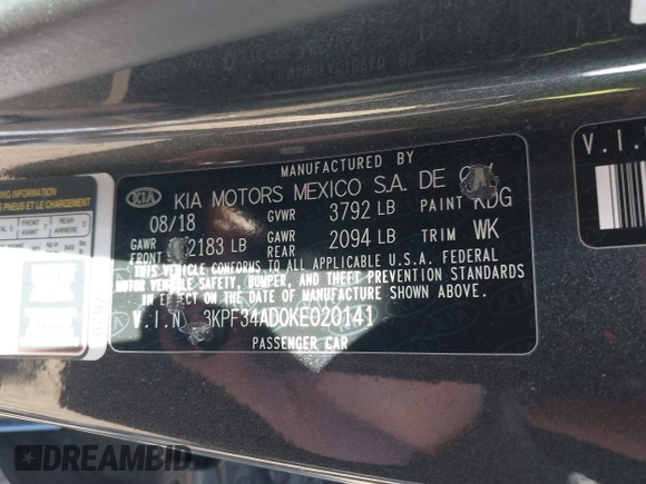 2019 Kia Forte S z VIN 3KPF34AD0KE020141, wystawiony jako IAAI lot #41857548 z przebiegiem 111 021 mil mil oraz . Historia ofert i sprzedaży dostępna na DreamBid. Obrazek 9.