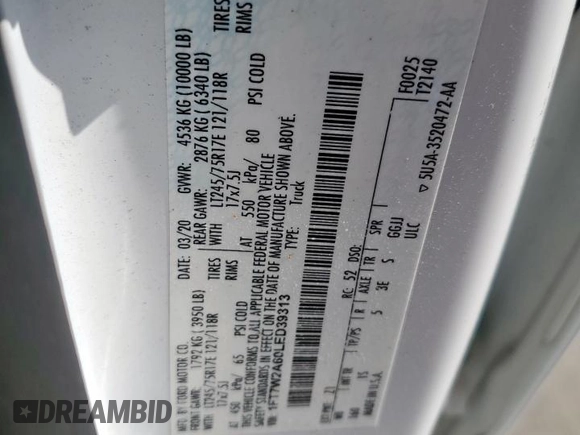 2020 Ford F-250 XL with VIN 1FT7W2A60LED39313, listed as a Copart auction lot 64837615 with 47,782 mi miles and Salvage title. Bid and sale history available at DreamBid. Image 12.