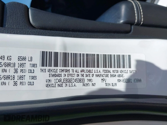 2014 Jeep Grand Cherokee Limited with VIN 1C4RJEBG6EC453833, listed as a IAAI auction lot 41901390 with 148,576 mi miles and . Bid and sale history available at DreamBid. Image 9.