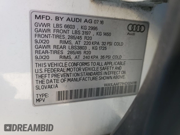 2017 Audi Q7 Premium Plus with VIN WA1LAAF71HD024116, listed as a Copart auction lot 47060785 with 97,808 mi miles and Salvage Title. Bid and sale history available at carsss.com. Image 13.