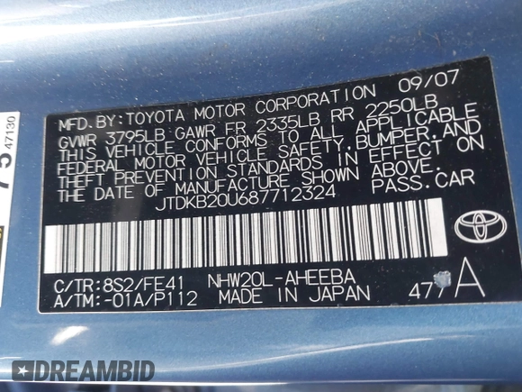 2008 Toyota Prius z VIN JTDKB20U687712324, wystawiony jako IAAI lot #41879892 z przebiegiem 270 900 mil mil oraz . Historia ofert i sprzedaży dostępna na DreamBid. Obrazek 9.