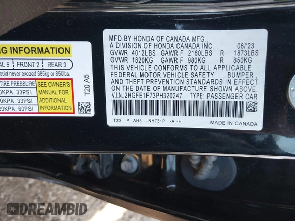 2023 Honda Civic EX with VIN 2HGFE1F73PH320247, listed as a IAAI auction lot 42148175 with 40,454 mi miles and . Bid and sale history available at DreamBid. Image 9.