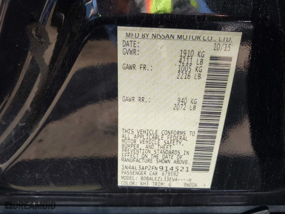 2015 Nissan Altima 2.5 with VIN 1N4AL3AP2FN914521, listed as a IAAI auction lot 41987003 with 143,981 mi miles. Bid and sale history available at carsss.com. Image 9.