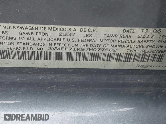 2007 Volkswagen Jetta Wolfsburg Edition с VIN 3VWEF71K97M077502, выставлен на аукционе IAAI как лот 41193243 с пробегом 135 259 миль миль и . История ставок и продаж доступна на DreamBid. Изображение 9.