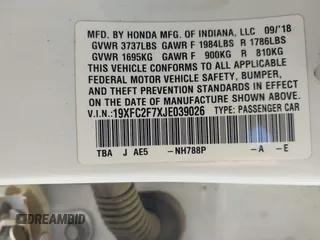 2018 Honda Civic EX with VIN 19XFC2F7XJE039026, listed as a IAAI auction lot 41963886 with 71,011 mi miles and . Bid and sale history available at DreamBid. Image 9.
