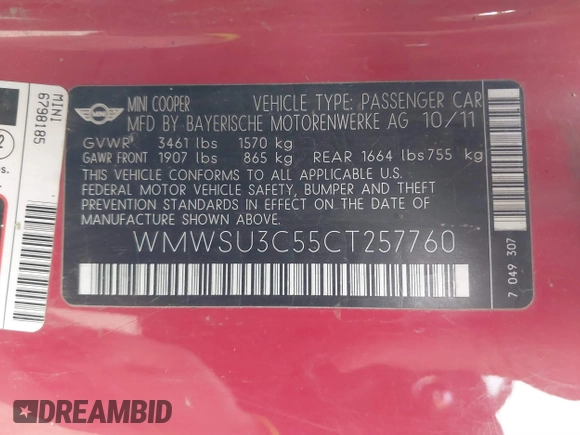 2012 MINI Hardtop with VIN WMWSU3C55CT257760, listed as a IAAI auction lot 40817805 with 63,973 mi miles and . Bid and sale history available at DreamBid. Image 9.