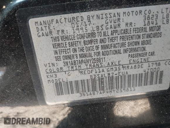 2017 Nissan Sentra S with VIN 3N1AB7AP4HY259811, listed as a IAAI auction lot 42162656 with 244,849 mi miles. Bid and sale history available at carsss.com. Image 9.