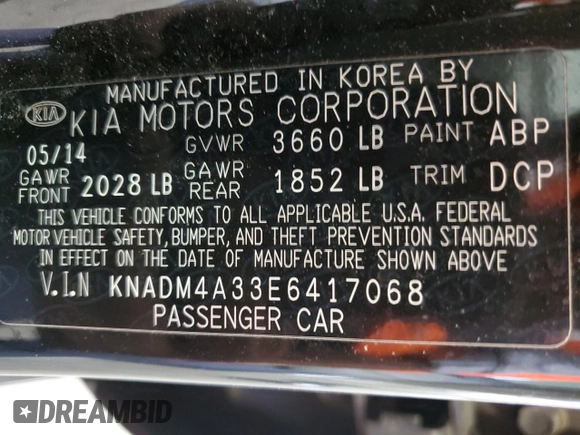2014 Kia Rio LX with VIN KNADM4A33E6417068, listed as a Copart auction lot 54787885 with 98,078 mi miles and Salvage Title. Bid and sale history available at DreamBid. Image 12.