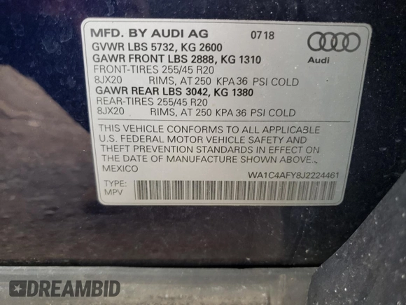 2018 Audi SQ5 Prestige with VIN WA1C4AFY8J2224461, listed as a Copart auction lot 67195723 with 62,052 mi miles. Bid and sale history available at carsss.com. Image 13.