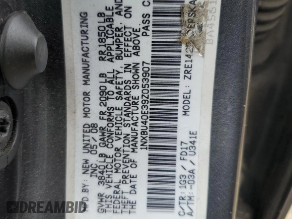 2009 Toyota Corolla with VIN 1NXBU40E39Z053907, listed as a Copart auction lot 53904465 with 272,406 mi miles and Clean Title. Bid and sale history available at carsss.com. Image 12.