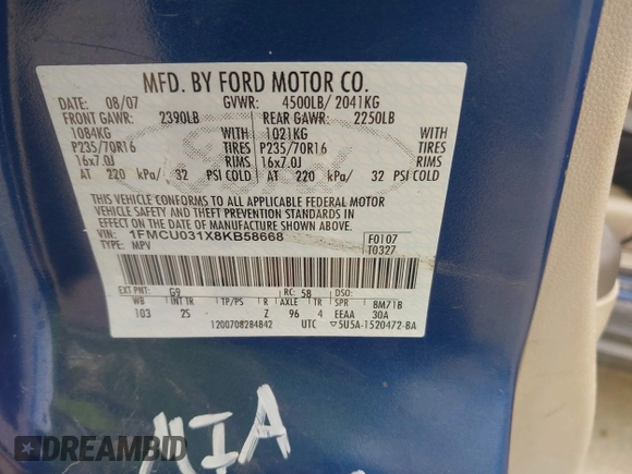 2008 Ford Escape XLT z VIN 1FMCU031X8KB58668, wystawiony jako IAAI lot #42522146 z przebiegiem 244 528 mil mil oraz . Historia ofert i sprzedaży dostępna na DreamBid. Obrazek 9.