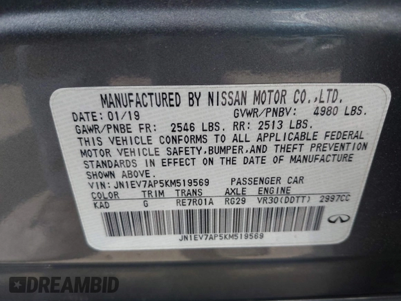 2019 Infiniti Q50 3.0t LUXE with VIN JN1EV7AP5KM519569, listed as a IAAI auction lot 42078137 with 134,486 mi miles. Bid and sale history available at carsss.com. Image 9.