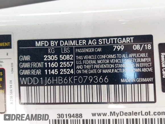 2019 Mercedes-Benz E with VIN WDD1J6HB6KF079366, listed as a IAAI auction lot 41668935 with 73,346 mi miles. Bid and sale history available at carsss.com. Image 9.