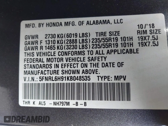 2019 Honda Odyssey Elite with VIN 5FNRL6H91KB048535, listed as a IAAI auction lot 40906579 with 37,322 mi miles and . Bid and sale history available at DreamBid. Image 9.