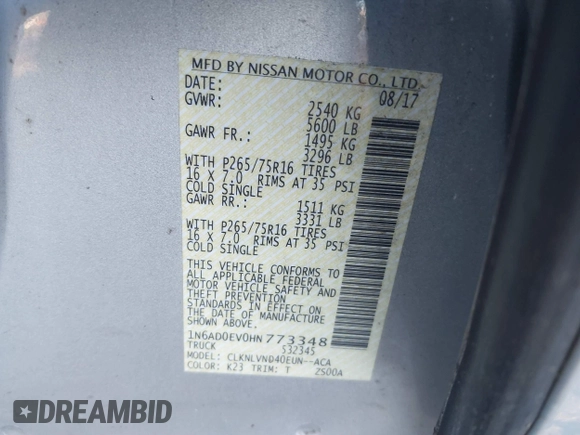 2017 Nissan Frontier SV with VIN 1N6AD0EV0HN773348, listed as a IAAI auction lot 41190077 with 71,318 mi miles and . Bid and sale history available at DreamBid. Image 9.