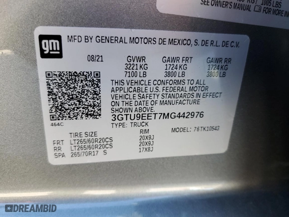 2021 GMC Sierra 1500 AT4 with VIN 3GTU9EET7MG442976, listed as a Copart auction lot 79588613 with 54,250 mi miles and Clean Title. Bid and sale history available at carsss.com. Image 12.