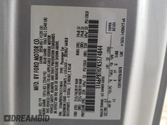 2019 Ford Mustang EcoBoost with VIN 1FA6P8TH7K5174844, listed as a Copart auction lot 49497895 with 73,107 mi miles and Salvage Title. Bid and sale history available at carsss.com. Image 13.