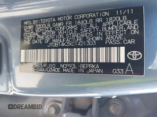 2012 Toyota Yaris with VIN JTDBT4K3XC1421303, listed as a IAAI auction lot 42249333 with 198,038 mi miles and . Bid and sale history available at DreamBid. Image 9.