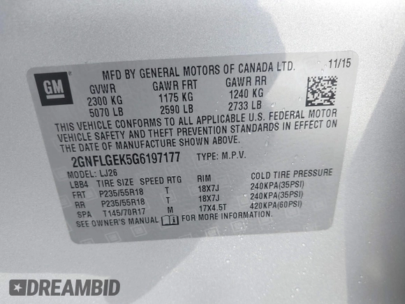 2016 Chevrolet Equinox LTZ with VIN 2GNFLGEK5G6197177, listed as a IAAI auction lot 41468464 with 56,680 mi miles. Bid and sale history available at carsss.com. Image 9.