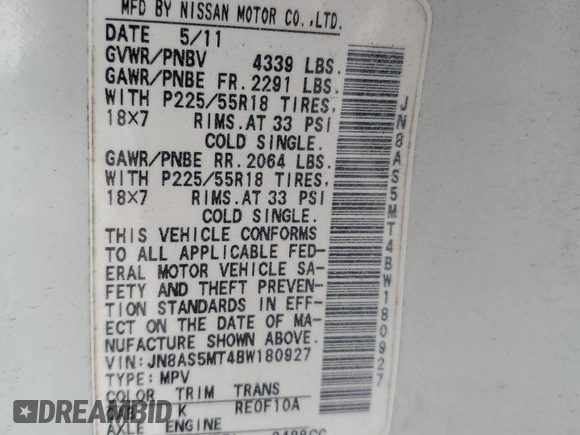 2011 Nissan Rogue SV z VIN JN8AS5MT4BW180927, wystawiony jako Copart lot #59509995 z przebiegiem 90 857 mil mil oraz Szkoda całkowita • Salvage title. Historia ofert i sprzedaży dostępna na DreamBid. Obrazek 13.