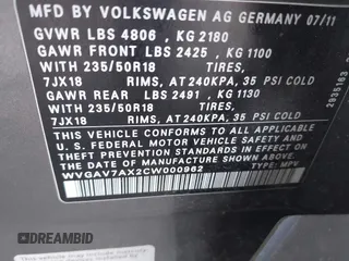 2012 Volkswagen Tiguan SEL with VIN WVGAV7AX2CW000962, listed as a IAAI auction lot 40815475 with 162,859 mi miles and . Bid and sale history available at DreamBid. Image 9.