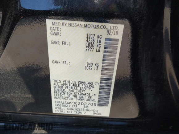 2018 Nissan Altima SV with VIN 1N4AL3AP7JC202705, listed as a IAAI auction lot 41883715 with 50,382 mi miles and . Bid and sale history available at carsss.com. Image 9.