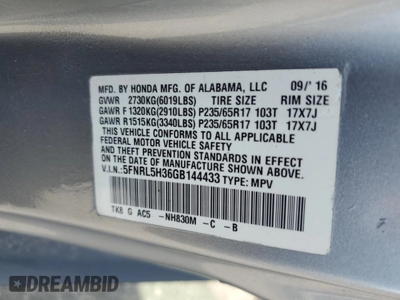 2016 Honda Odyssey SE with VIN 5FNRL5H36GB144433, listed as a Copart auction lot 48898755 with 192,442 mi miles and Salvage Title. Bid and sale history available at DreamBid. Image 15.
