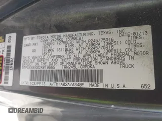 2013 Toyota Tacoma z VIN 5TFUX4EN2DX019669, wystawiony jako IAAI lot #42368685 z przebiegiem Nie podano mil oraz . Historia ofert i sprzedaży dostępna na DreamBid. Obrazek 9.