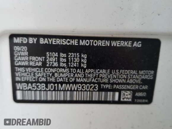 2021 BMW 5 Series 540i with VIN WBA53BJ01MWW93023, listed as a Copart auction lot 43146455 with Not Provided miles and Salvage Title. Bid and sale history available at DreamBid. Image 12.