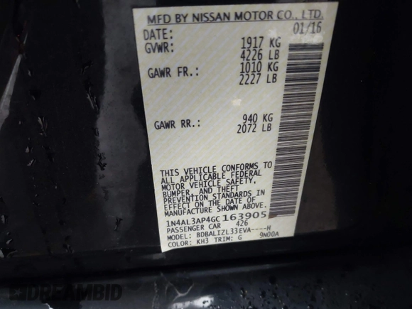 2016 Nissan Altima SR с VIN 1N4AL3AP4GC163905, выставлен на аукционе IAAI как лот 41946057 с пробегом 151 474 миль миль и . История ставок и продаж доступна на DreamBid. Изображение 9.