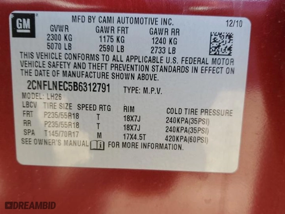 2011 Chevrolet Equinox LT w/2LT with VIN 2CNFLNEC5B6312791, listed as a Copart auction lot 45812065 with 157,780 mi miles and Clean Title. Bid and sale history available at carsss.com. Image 14.