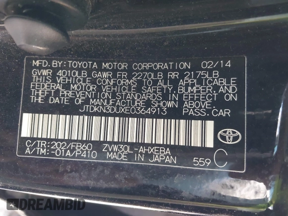 2014 Toyota Prius Four with VIN JTDKN3DUXE0364913, listed as a IAAI auction lot 41998340 with 113,541 mi miles. Bid and sale history available at carsss.com. Image 9.