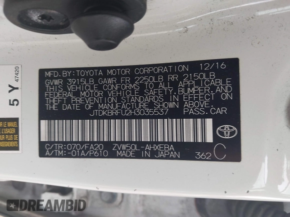 2017 Toyota Prius Two with VIN JTDKBRFU2H3035537, listed as a IAAI auction lot 42408704 with 179,112 mi miles and . Bid and sale history available at DreamBid. Image 9.