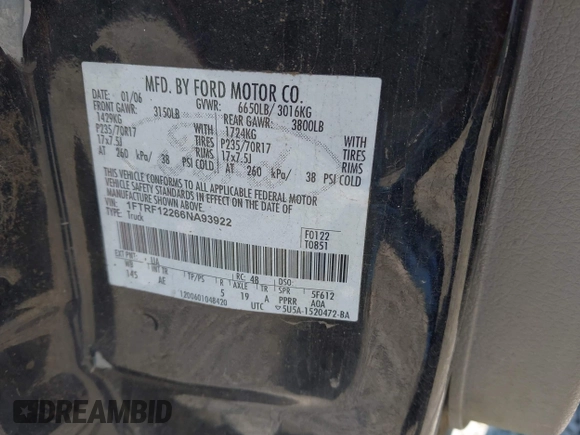2006 Ford F-150 XL z VIN 1FTRF12266NA93922, wystawiony jako IAAI lot #42297444 z przebiegiem 189 094 mil mil oraz . Historia ofert i sprzedaży dostępna na DreamBid. Obrazek 9.