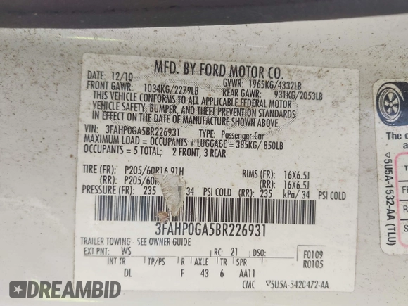 2011 Ford Fusion S with VIN 3FAHP0GA5BR226931, listed as a IAAI auction lot 42035608 with 227,315 mi miles. Bid and sale history available at carsss.com. Image 9.