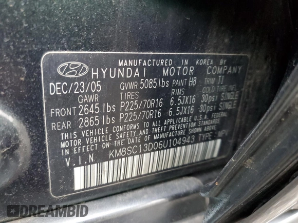 2006 Hyundai Santa Fe GLS with VIN KM8SC13D06U104943, listed as a Copart auction lot 78827563 with 147,793 mi miles and Clean Title. Bid and sale history available at carsss.com. Image 12.