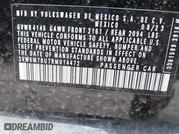 2024 Volkswagen Jetta S with VIN 3VW5M7BU7RM014472, listed as a IAAI auction lot 42298074 with 12,662 mi miles and . Bid and sale history available at DreamBid. Image 9.