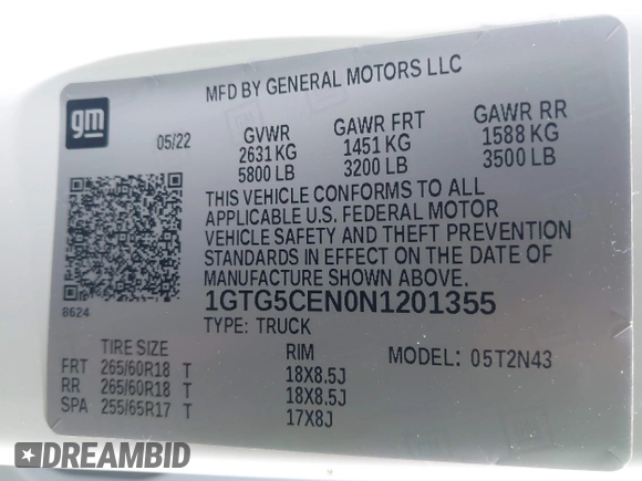2022 GMC Canyon 2WD Elevation with VIN 1GTG5CEN0N1201355, listed as a IAAI auction lot 42295536 with 15,531 mi miles and . Bid and sale history available at DreamBid. Image 9.
