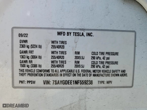 2022 Tesla Model Y Long Range with VIN 7SAYGDEE1NF559238, listed as a Copart auction lot 86744664 with 59,074 mi miles and Salvage Title. Bid and sale history available at carsss.com. Image 13.