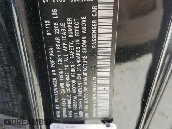 2012 Volkswagen Eos Lux with VIN WVWFW7AH7CV016872, listed as a Copart auction lot 52591415 with 121,130 mi miles and Salvage Title. Bid and sale history available at DreamBid. Image 12.