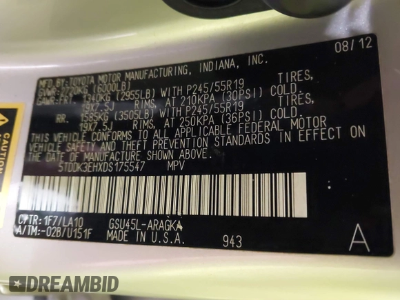 2013 Toyota Highlander Limited with VIN 5TDDK3EHXDS175547, listed as a IAAI auction lot 41334864 with 135,049 mi miles and . Bid and sale history available at DreamBid. Image 9.