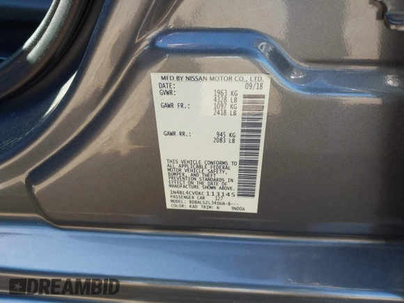 2019 Nissan Altima SR with VIN 1N4BL4CV0KC113145, listed as a IAAI auction lot 42127618 with 61,633 mi miles and . Bid and sale history available at DreamBid. Image 9.