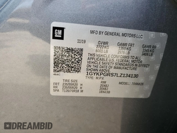 2020 Cadillac XT6 AWD Sport with VIN 1GYKPGRS7LZ134130, listed as a Copart auction lot 59216574 with 75,622 mi miles and Salvage Title. Bid and sale history available at carsss.com. Image 12.