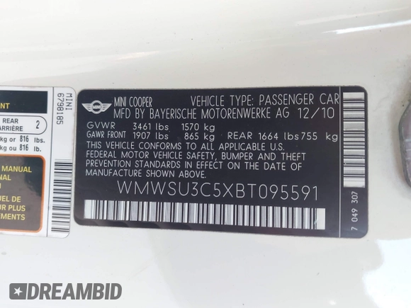 2011 MINI Hardtop with VIN WMWSU3C5XBT095591, listed as a IAAI auction lot 42366393 with 99,092 mi miles and . Bid and sale history available at DreamBid. Image 9.