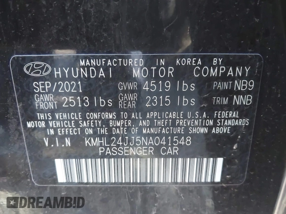 2022 Hyundai Sonata Hybrid Blue with VIN KMHL24JJ5NA041548, listed as a IAAI auction lot 41984039 with 29,281 mi miles. Bid and sale history available at carsss.com. Image 9.